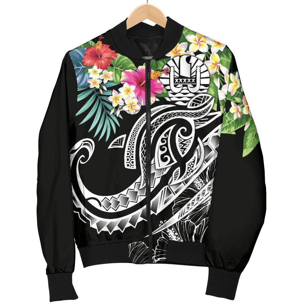 Tahiti Polynesian Men's Bomber Jacket - Summer Plumeria (Black) - Polynesian Pride