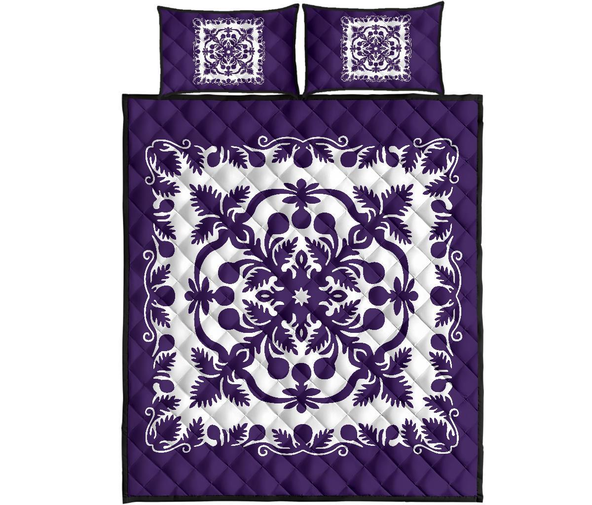 Hawaii Quilt Bed Set Royal Pattern - Purple And White Art - Polynesian Pride