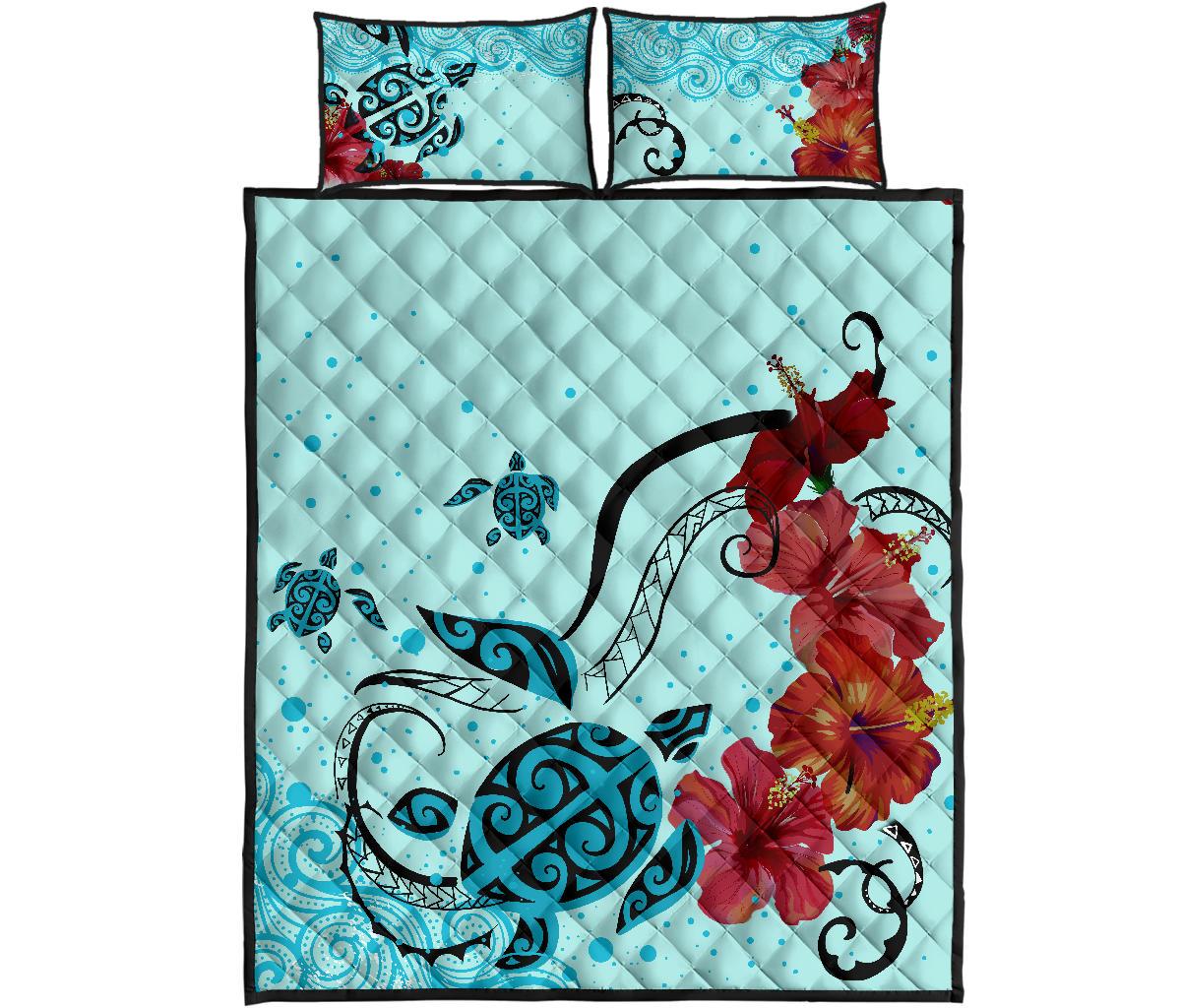 Sea Turtle Hibiscus Quilt Bed Set Blue - Polynesian Pride