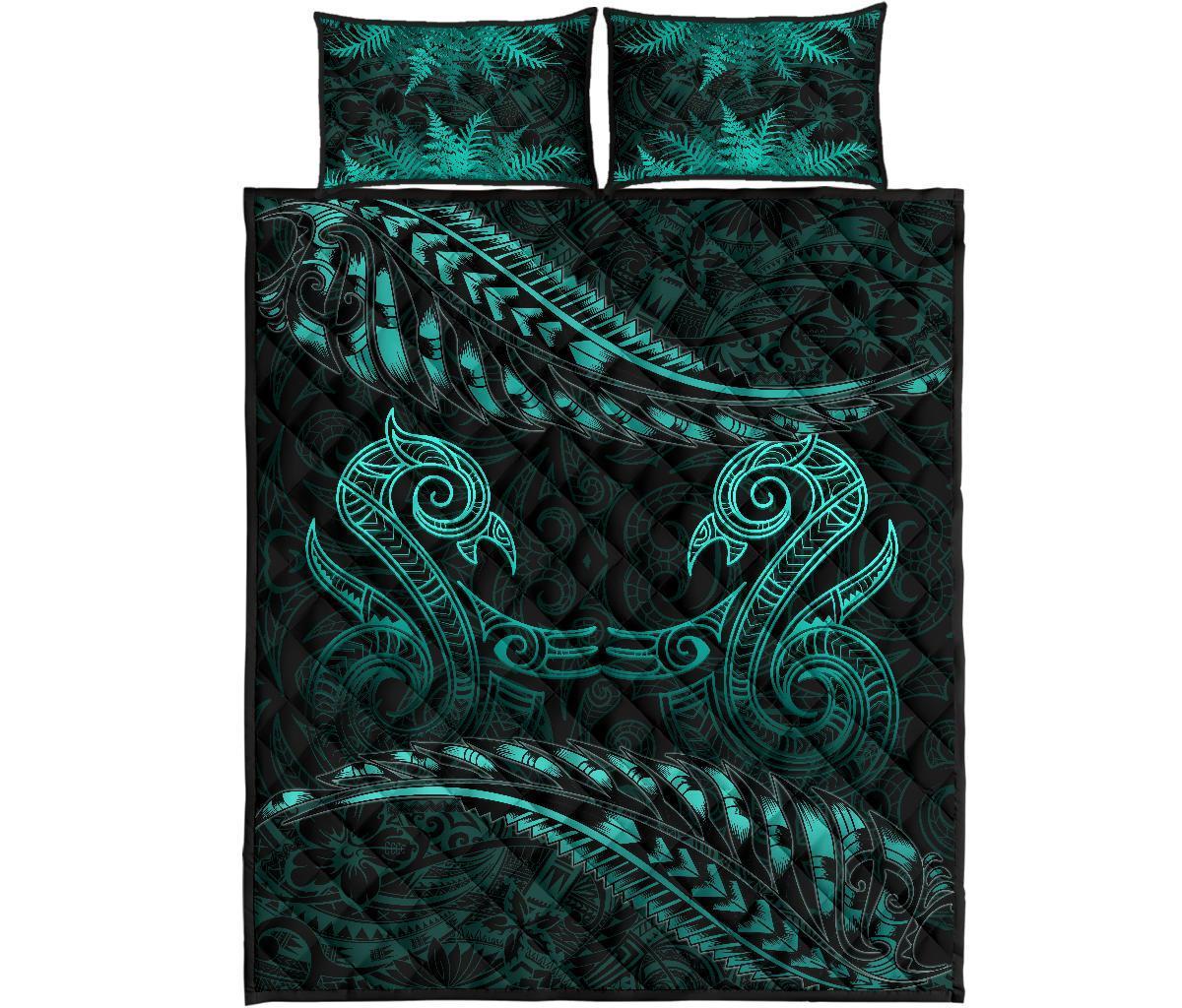 Aotearoa Quilt Bed Set Turquoise Maori Manaia With Silver Fern - Polynesian Pride
