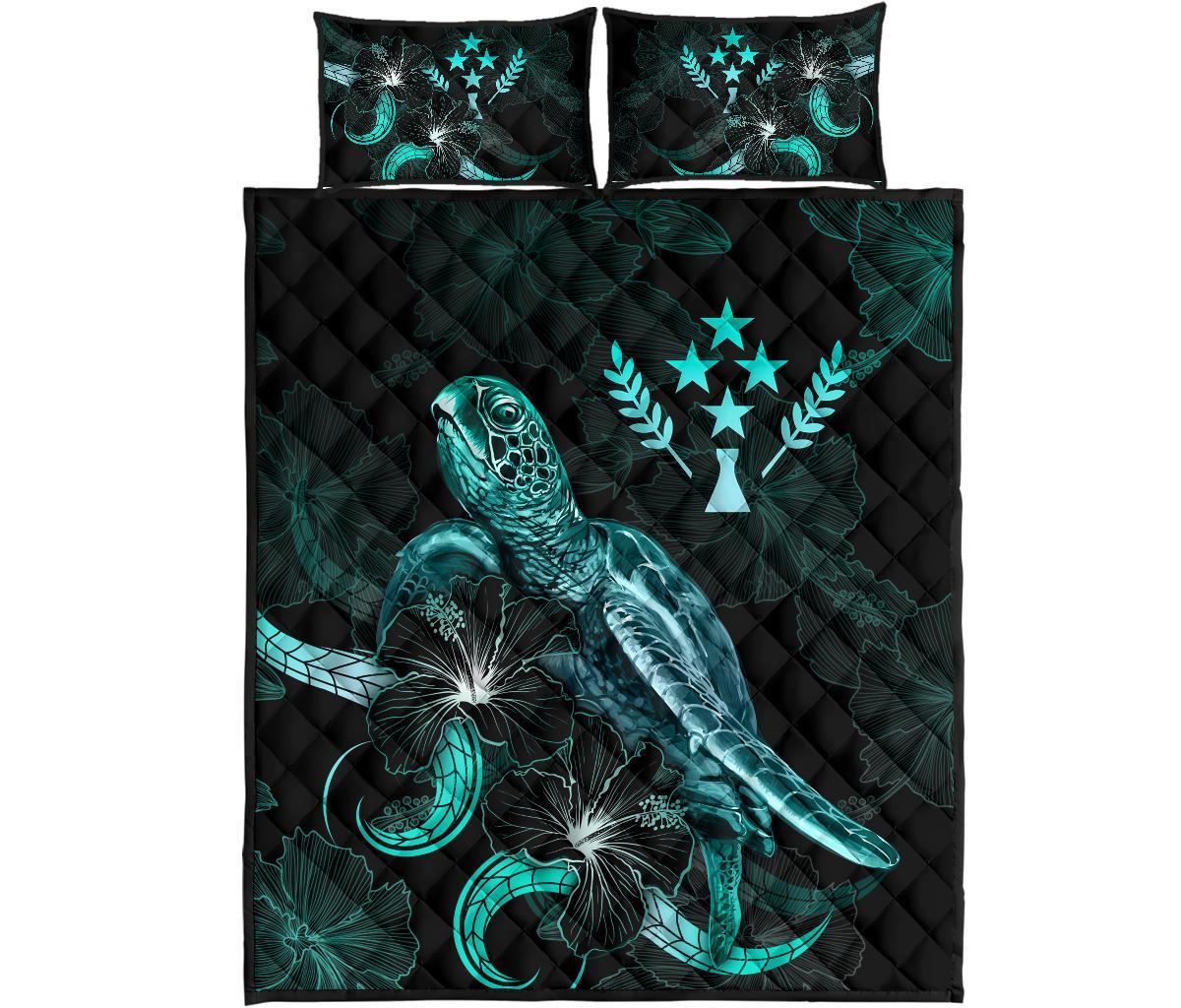 Kosrae Polynesian Quilt Bed Set - Turtle With Blooming Hibiscus Turquoise - Polynesian Pride