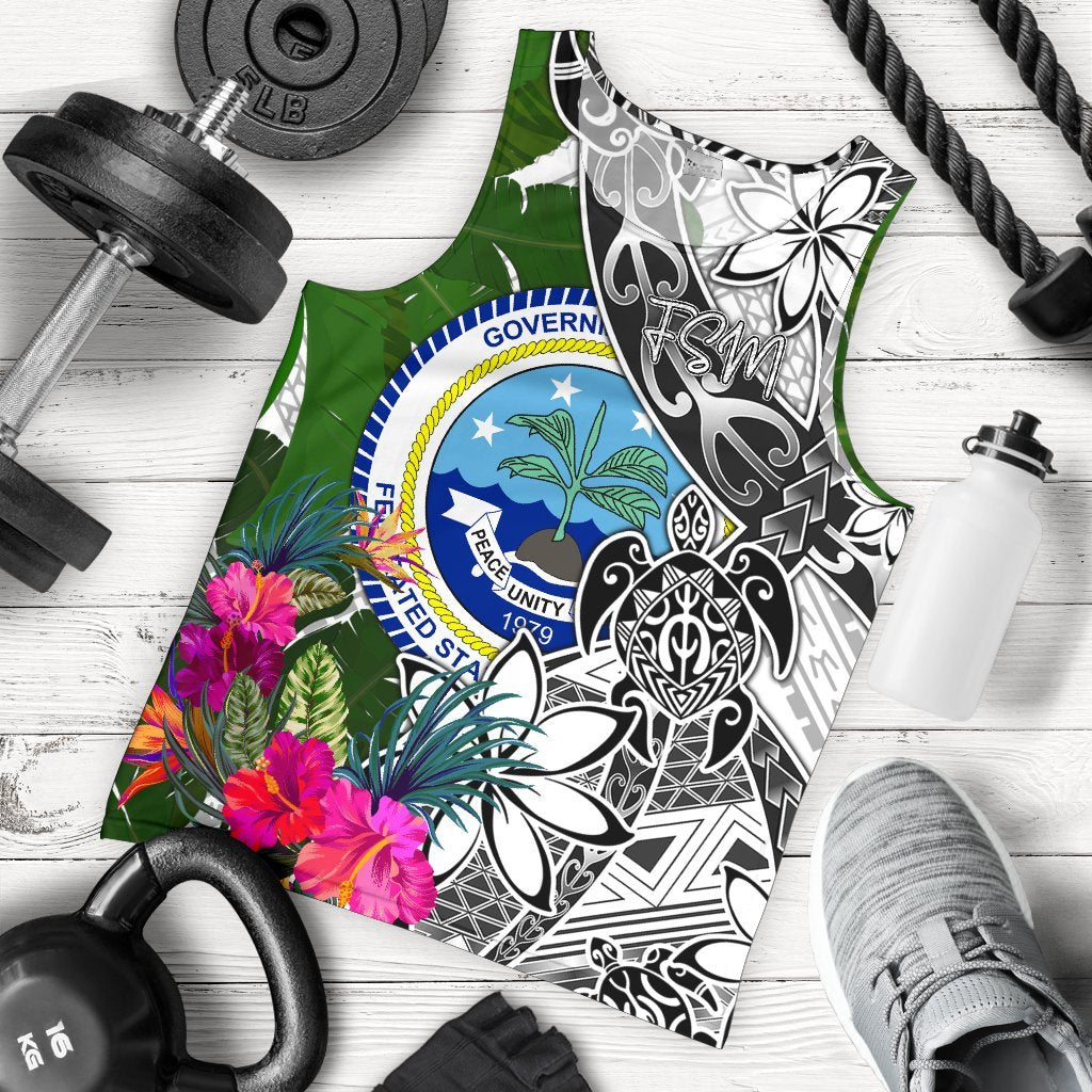 Federated States of Micronesia Men's Tank Top White - Turtle Plumeria Banana Leaf White - Polynesian Pride