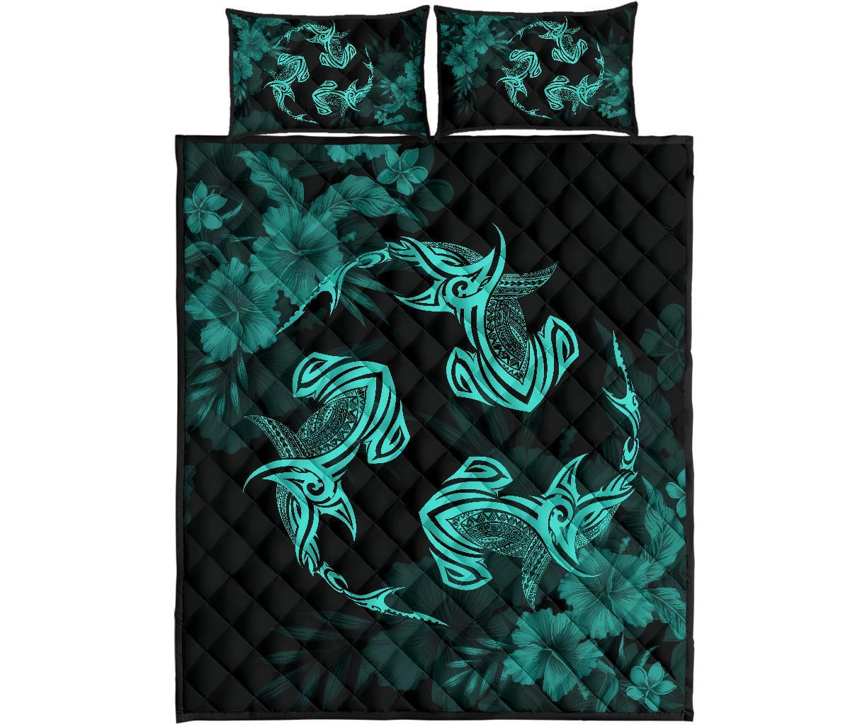 Hawaii Head Hammer Shark Hibiscus Turquoise Quilt Bed Set Turquoise - Polynesian Pride