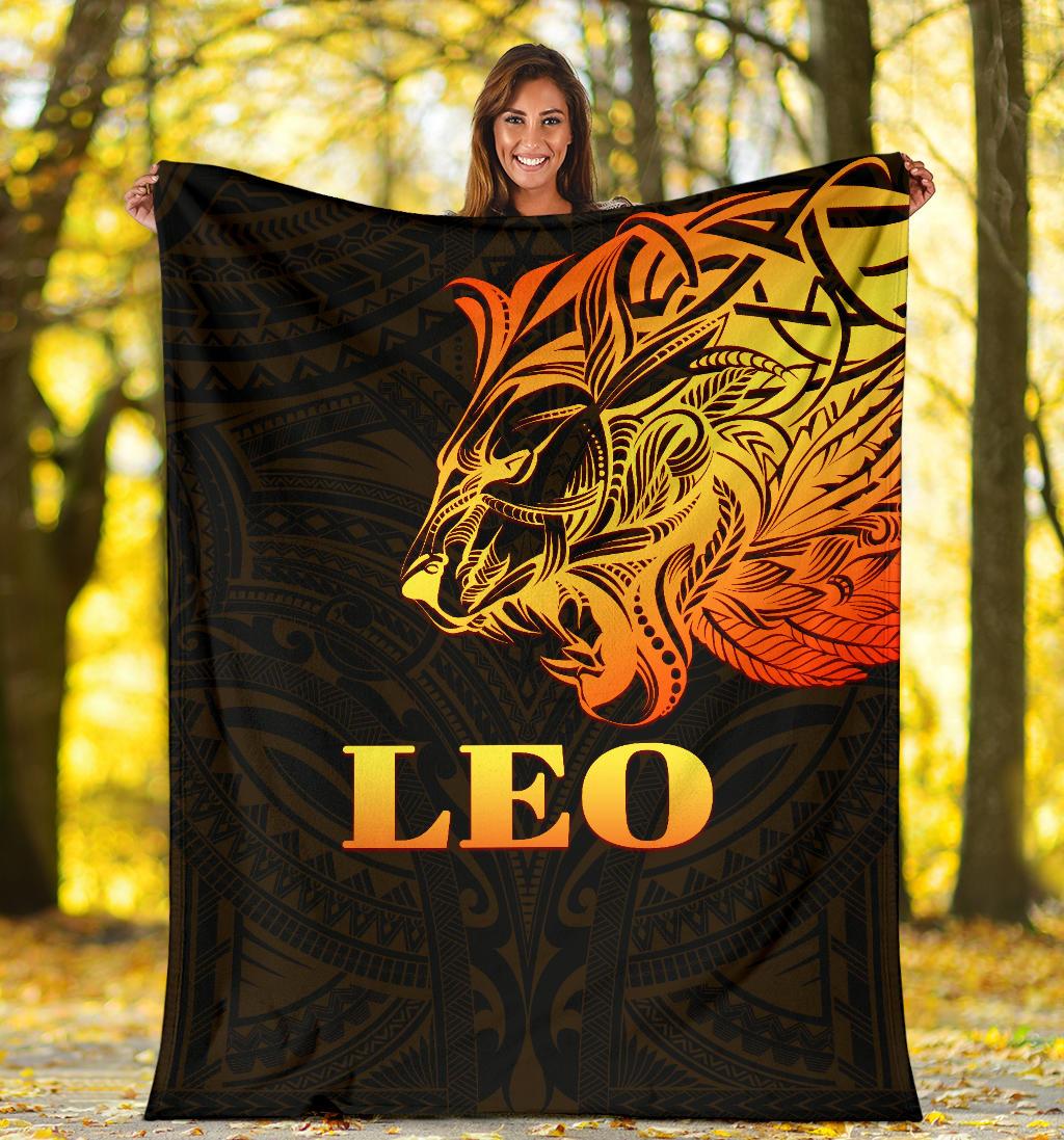 Sun In Leo Zodiac Premium Blanket Polynesian Tattoo Simple - Orange Black - Polynesian Pride