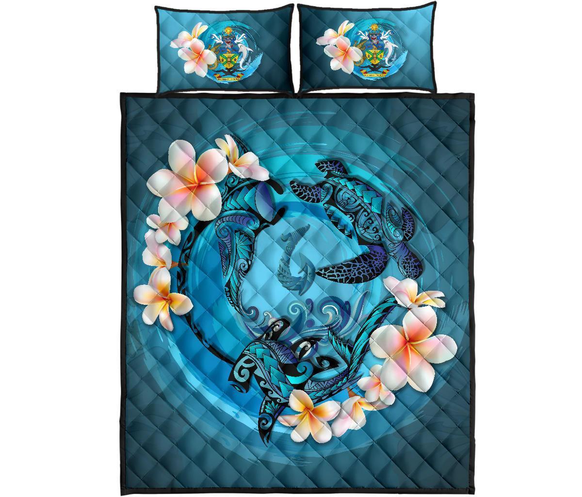 Solomon Islands Polynesian Quilt Bed Set - Blue Plumeria Animal Tattoo - Polynesian Pride
