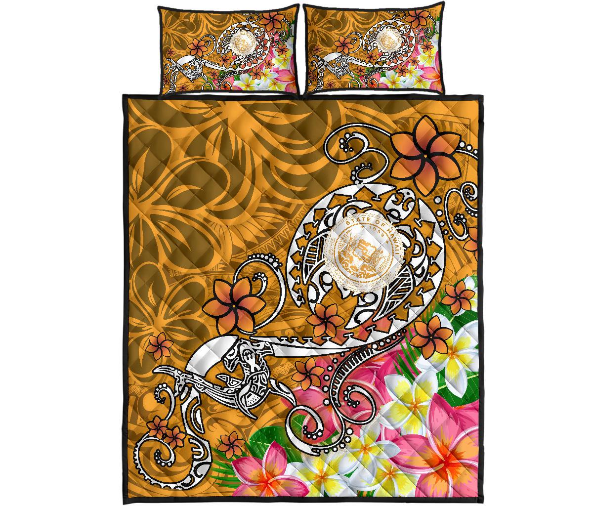 Hawaii Polynesian Quilt Bed Set - Hawaii Seal With Turtle Plumeria (Gold) - Polynesian Pride
