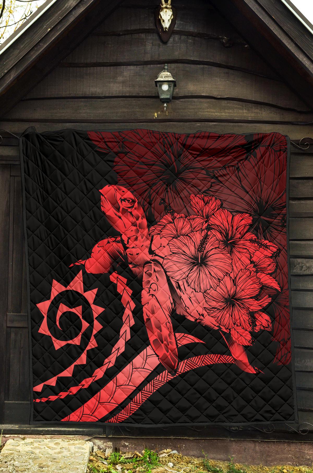 Hawaii Turtle Hibiscus Polynesian Vintage Premium Quilt - Red - Polynesian Pride