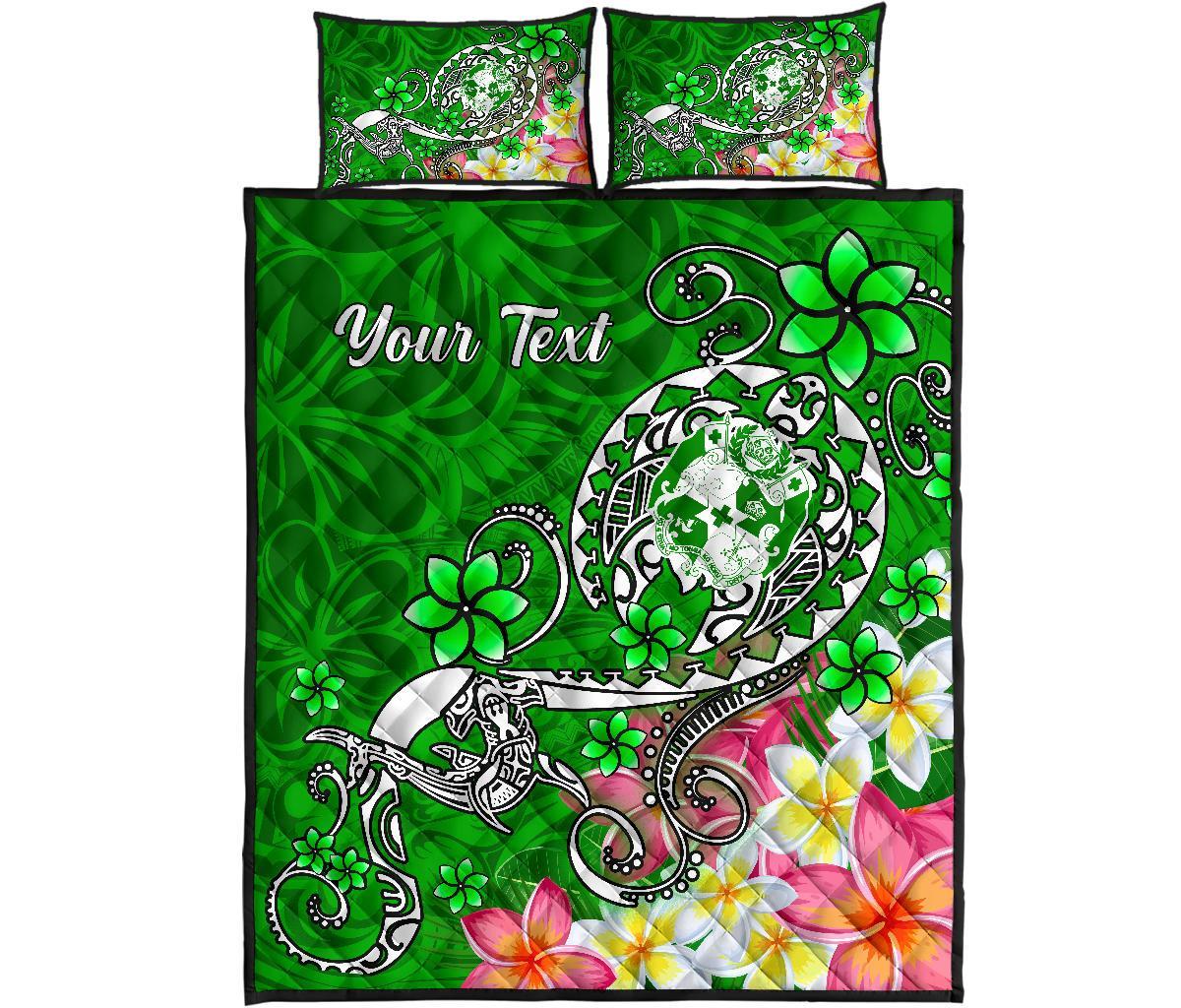 Tonga Custom Personalised Quilt Bed Set - Turtle Plumeria (Green) - Polynesian Pride