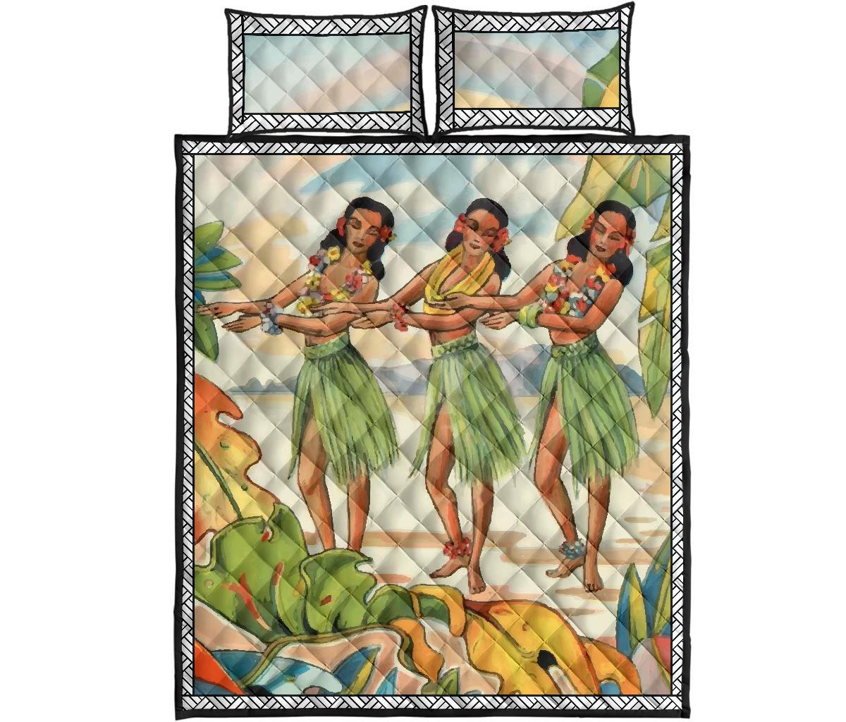Aloha Nui Loa From Hawaii Hula Girls Quilt Bed Set - Polynesian Pride