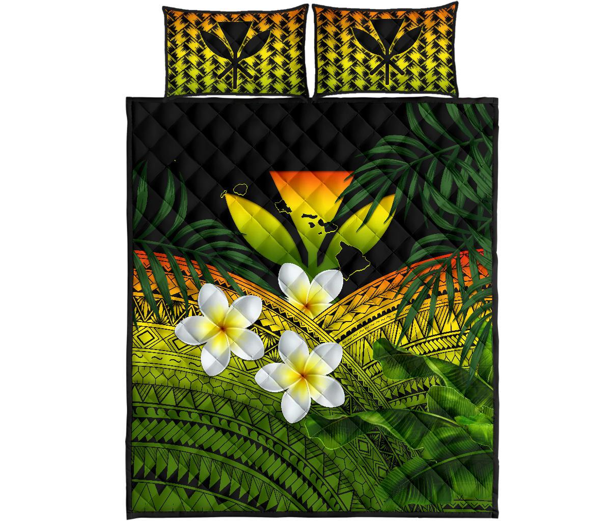 Kanaka Maoli (Hawaiian) Quilt Bed Set, Polynesian Plumeria Banana Leaves Reggae