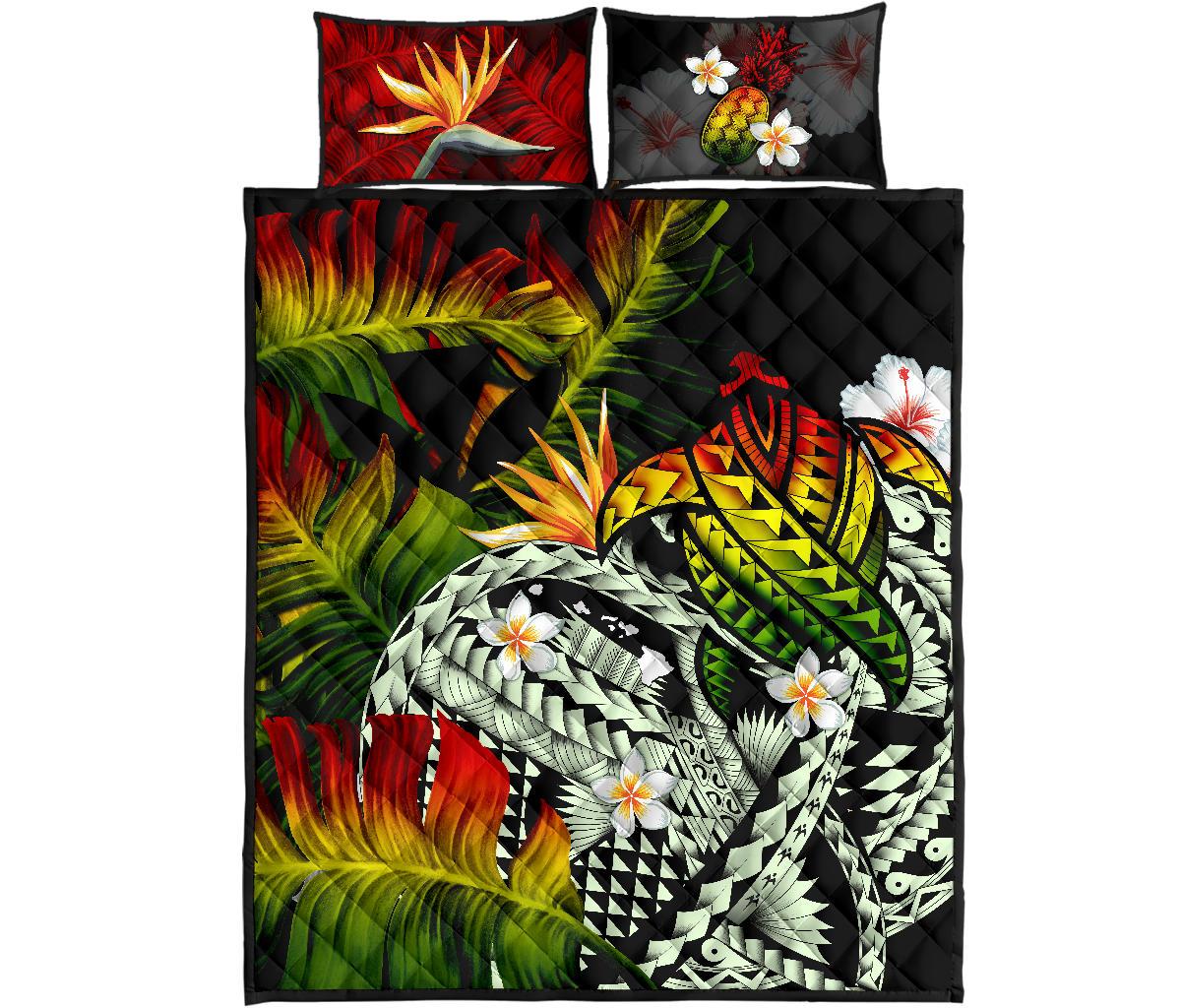 Kanaka Maoli (Hawaiian) Quilt Bed Set, Polynesian Pineapple Banana Leaves Turtle Tattoo Reggae Reggae - Polynesian Pride