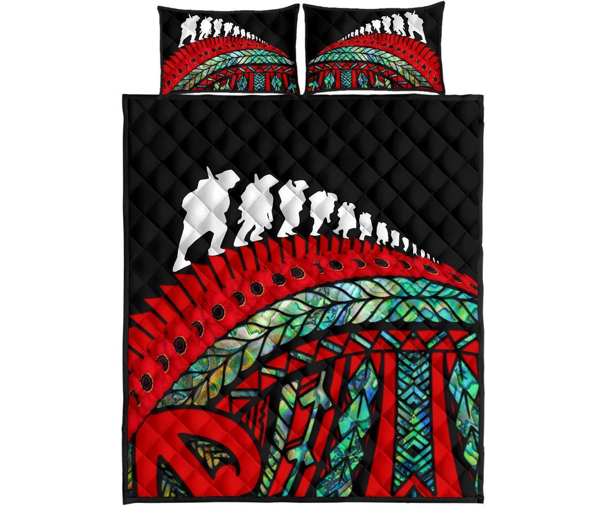 Anzac New Zealand Quilt Bed Set, Poppies Lest We Forget Maori Soldiers Paua Red - Polynesian Pride
