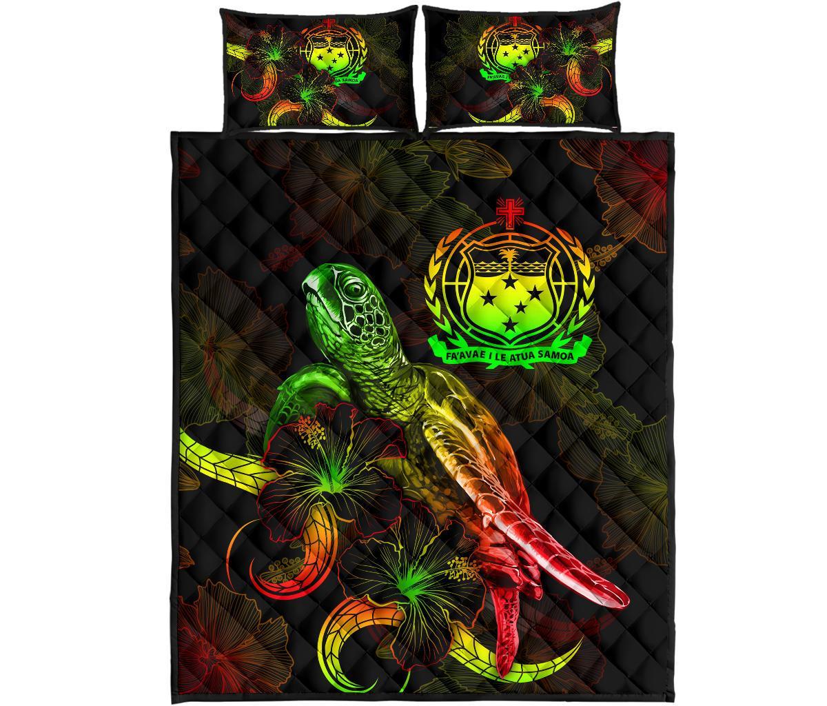 Samoa Polynesian Quilt Bed Set - Turtle With Blooming Hibiscus Reggae - Polynesian Pride