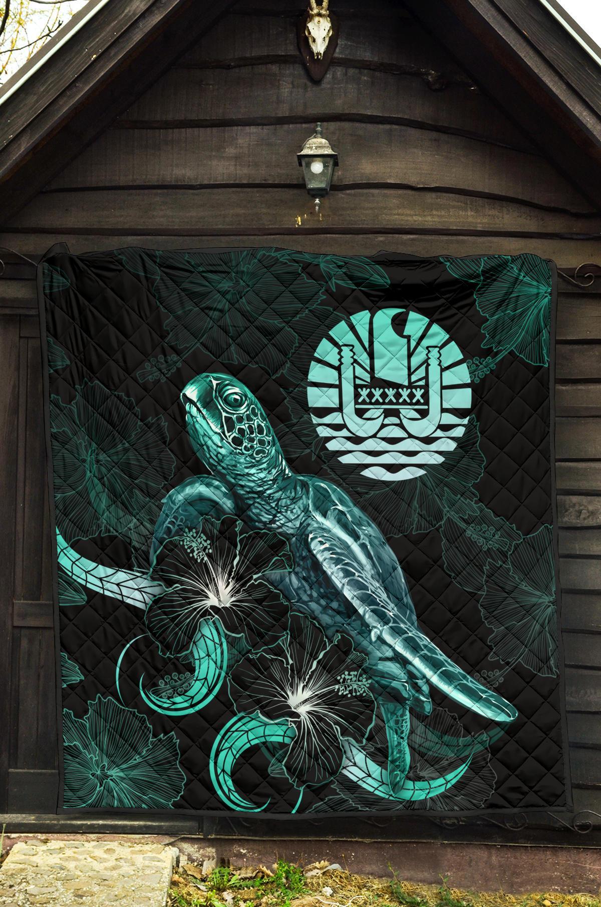 Tahiti Polynesian Premium Quilt - Turtle With Blooming Hibiscus Turquoise - Polynesian Pride