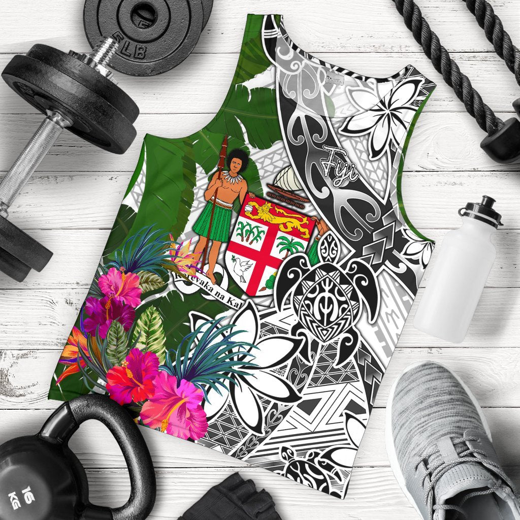 Fiji Men's Tank Top White - Turtle Plumeria Banana Leaf Crest White - Polynesian Pride