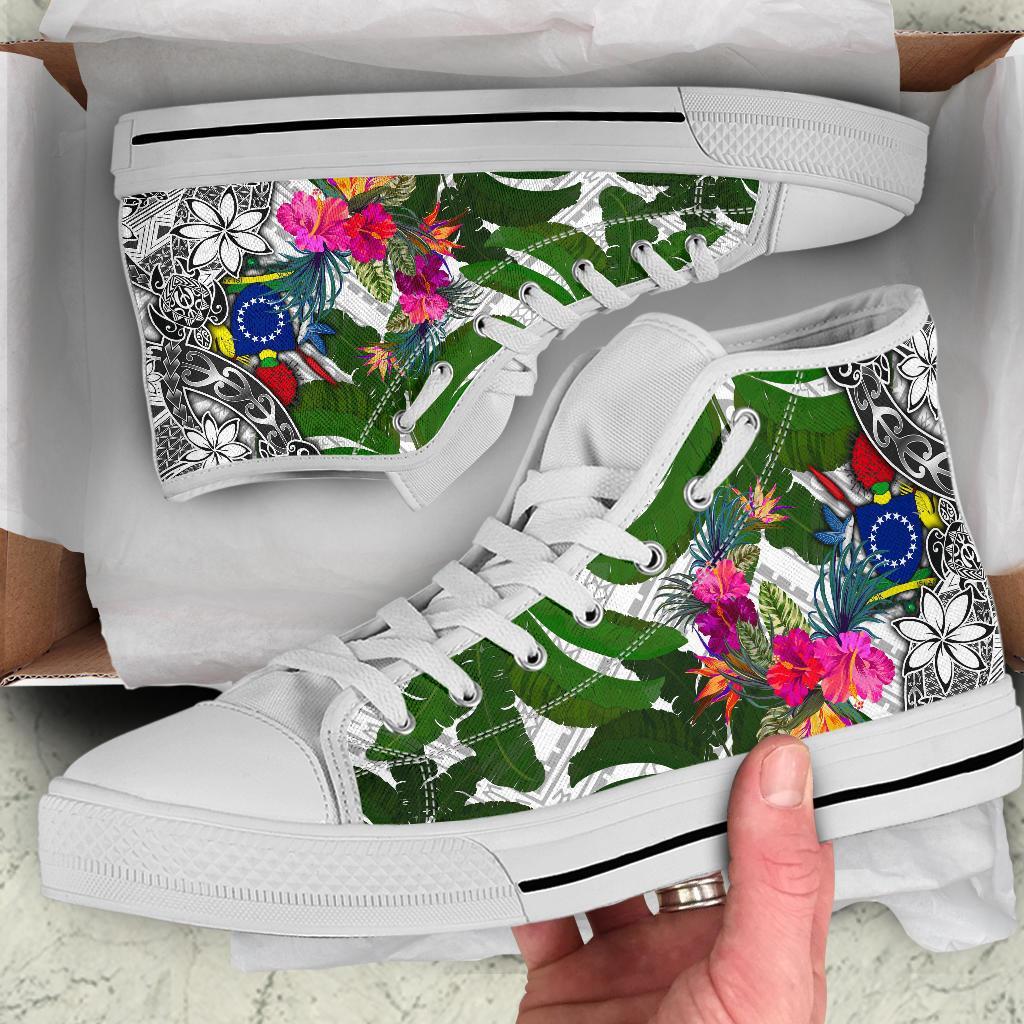 Cook Islands High Top Shoes White - Turtle Plumeria Banana Leaf - Polynesian Pride
