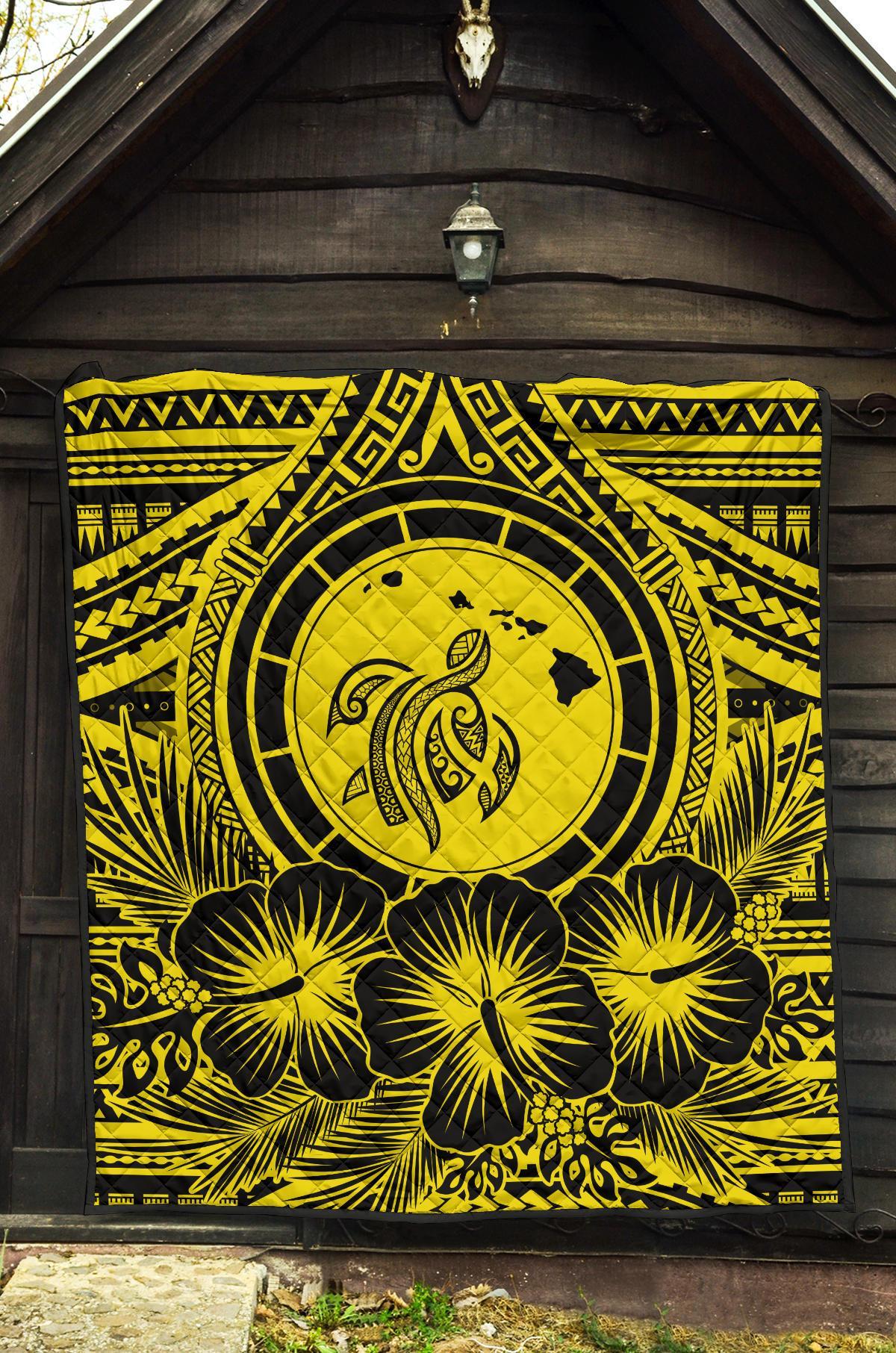 Hawaii Premium Quilt - Hawaii Map Honu Hibiscus Yellow Polynesian Premium Quilt - Polynesian Pride