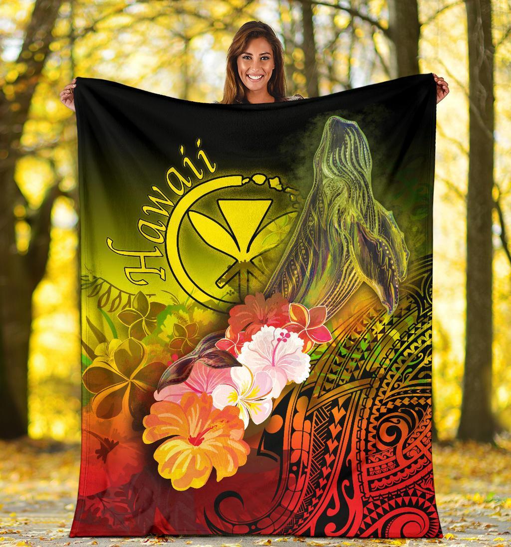 Polynesian Hawaii Premium Blanket - Kanaka Maoli Humpback Whale with Tropical Flowers (Yellow) - Polynesian Pride