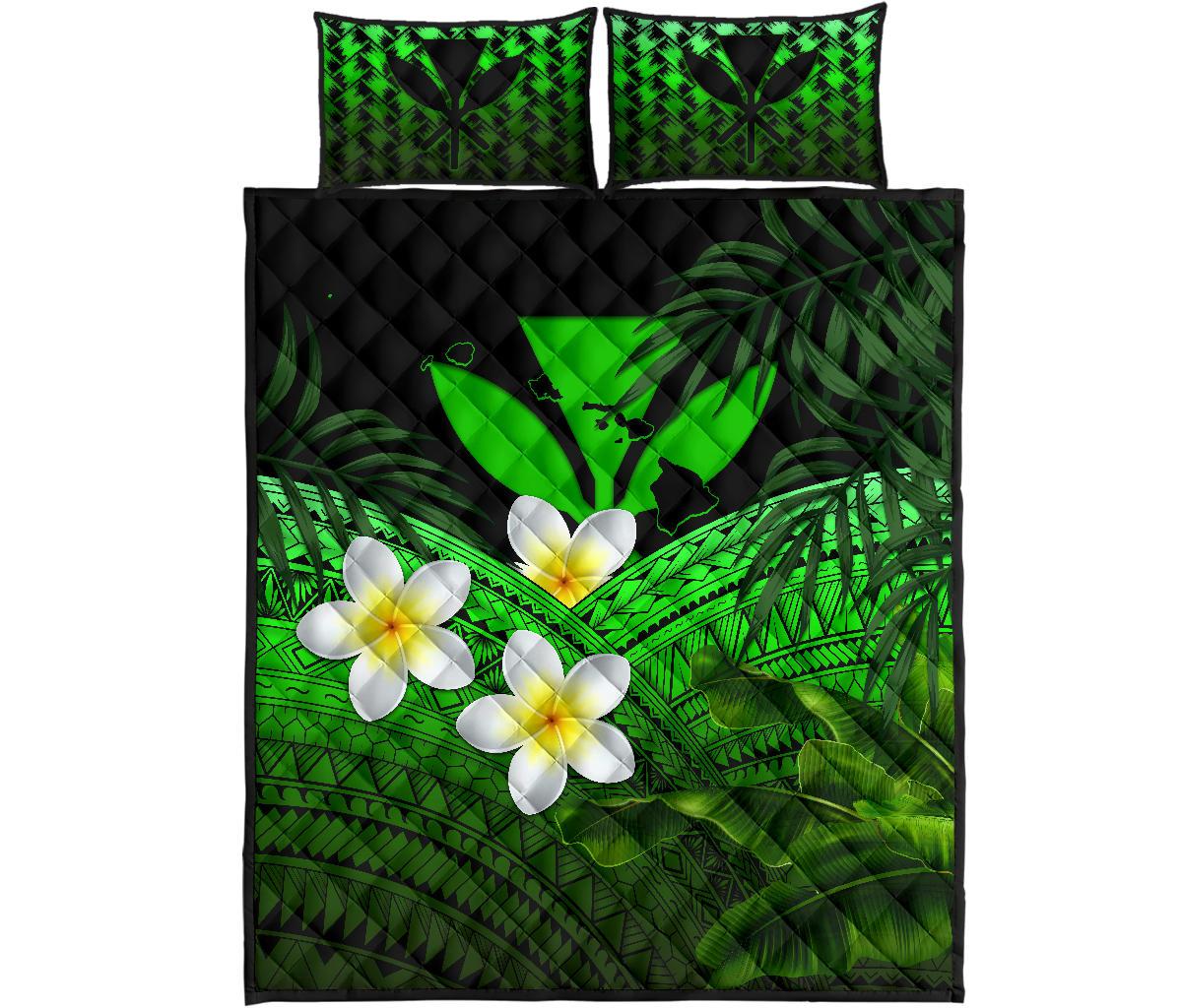 Kanaka Maoli (Hawaiian) Quilt Bed Set,, Polynesian Plumeria Banana Leaves Green Green - Polynesian Pride