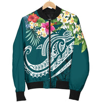 Papua New Guinea Polynesian Men's Bomber Jacket - Summer Plumeria (Turquoise) - Polynesian Pride