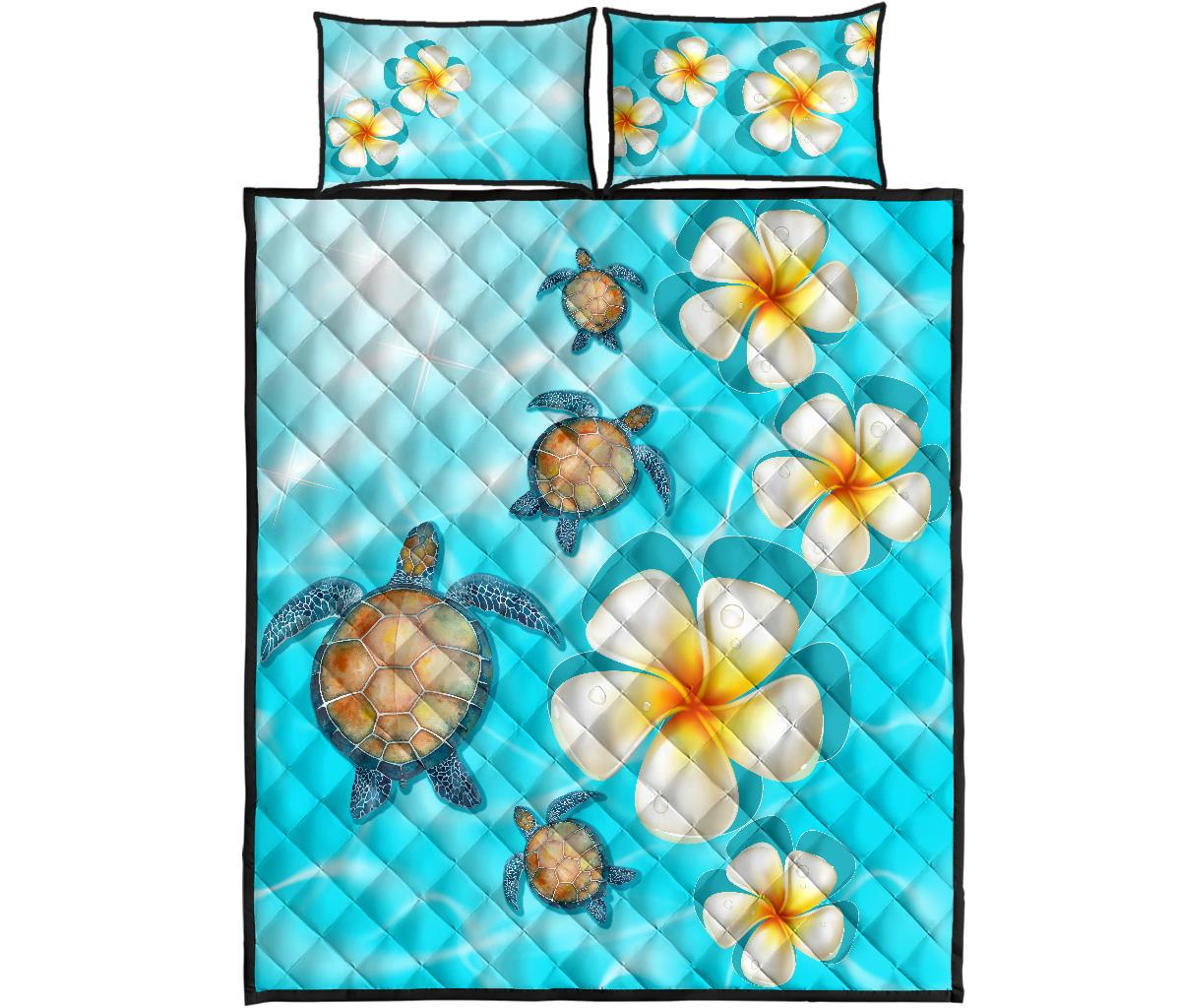 Hawaii Turtle Plumeria Ocean Quilt Bed Set Blue - Polynesian Pride