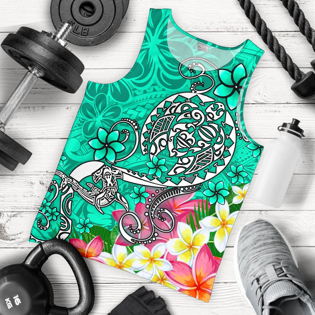 Polynesian Men's Tank Top - Turtle Plumeria Turquoise Color Turquoise - Polynesian Pride