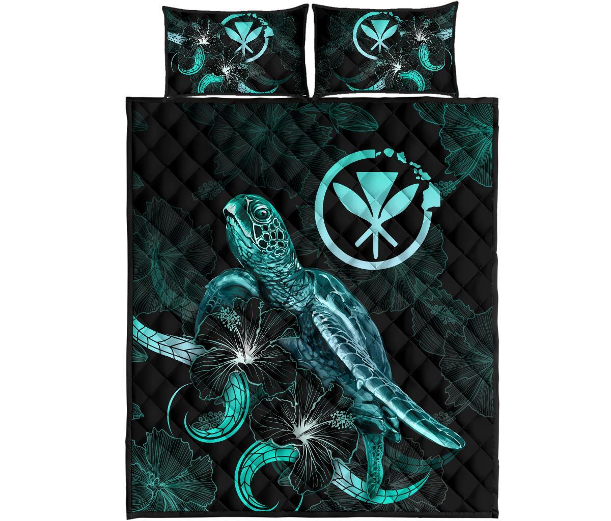 Hawaii Polynesian Quilt Bed Set - Turtle With Blooming Hibiscus Turquoise - Polynesian Pride