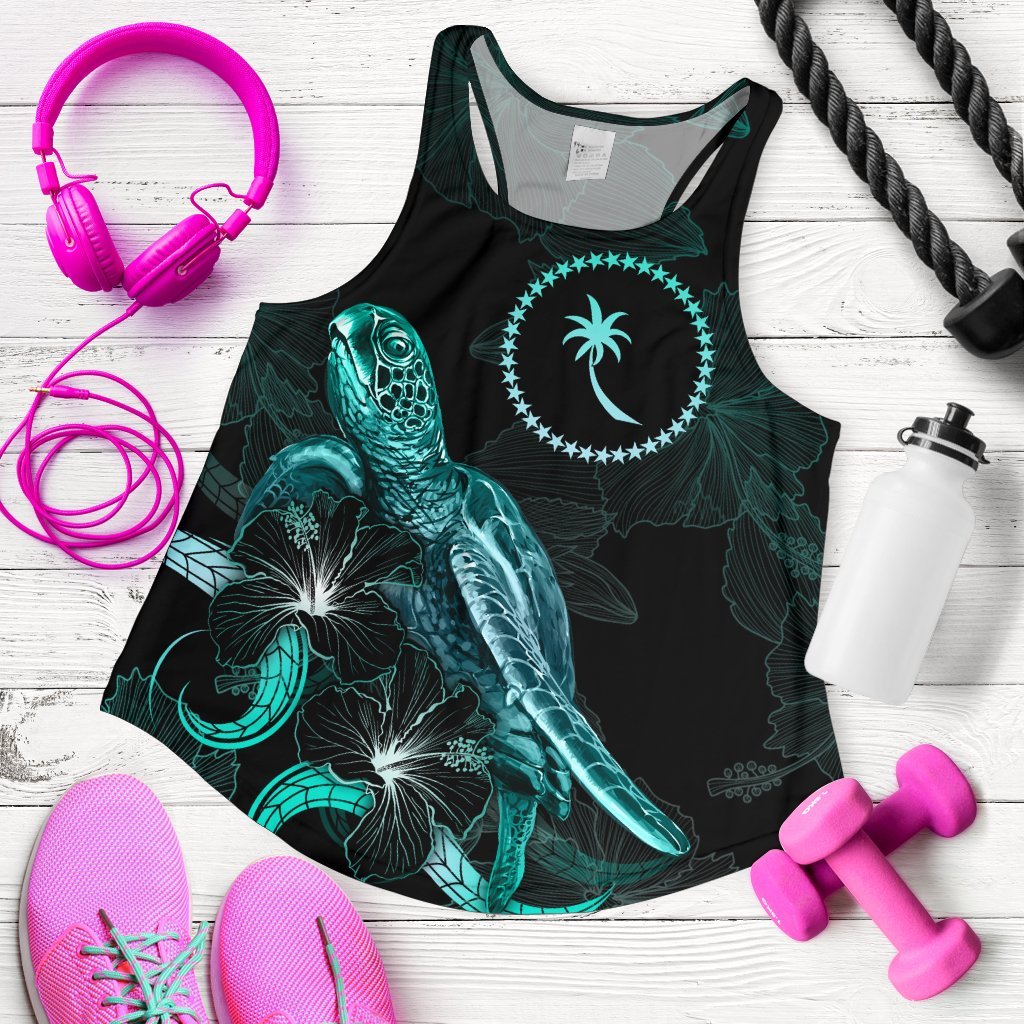 Chuuk Polynesian Women Tank Top - Turtle With Blooming Hibiscus Turquoise Turquoise - Polynesian Pride
