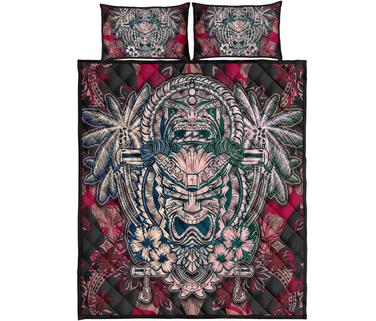 Hawaii Polynesian Quilt Bed Set - Hawaiian Gray Tiki Face Dark Red Version - Polynesian Pride