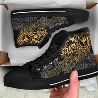 Polynesian Hawaii (Kanaka Maoli) High Top Shoes - Gold Hibiscus Turtle Flowing - Polynesian Pride