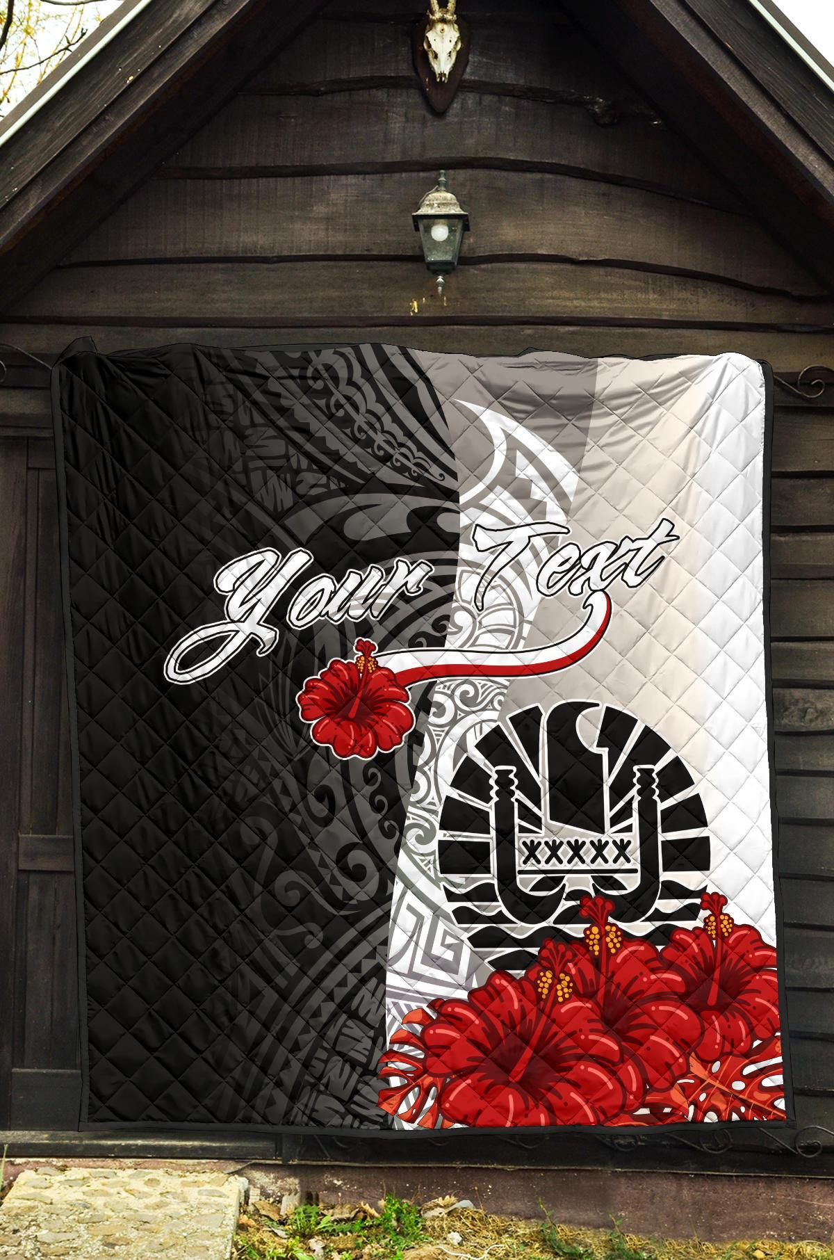 Tahiti Polynesian Custom Personalised Premium Quilt - Coat Of Arm With Hibiscus White - Polynesian Pride