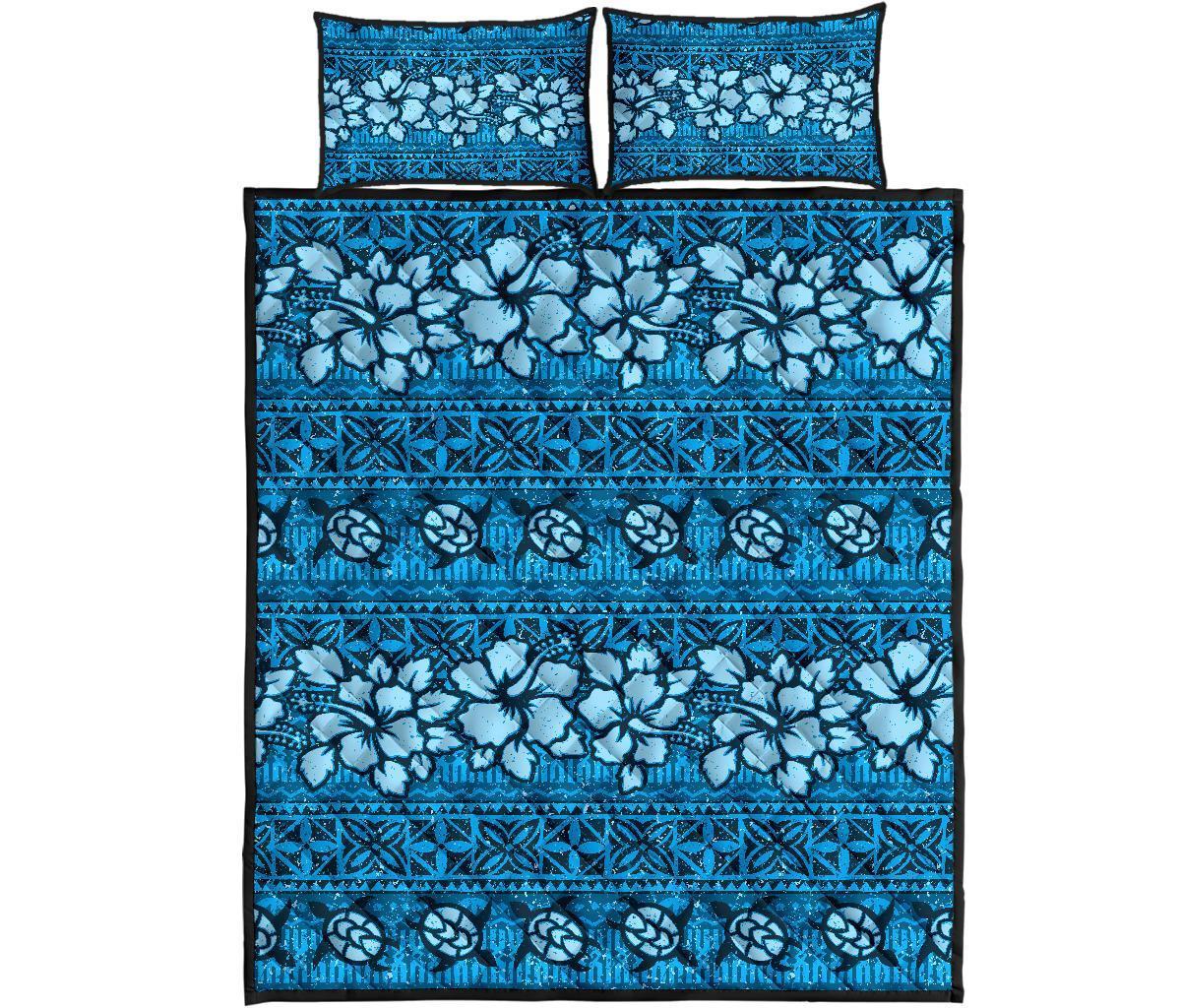 Fiji Polynesian Quilt Bed Set Tapa Hibiscus Blue - Polynesian Pride