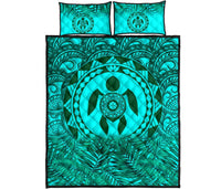 Polynesian Quilt Bed Set - Green Turtle Palm Torquoise Version - Polynesian Pride