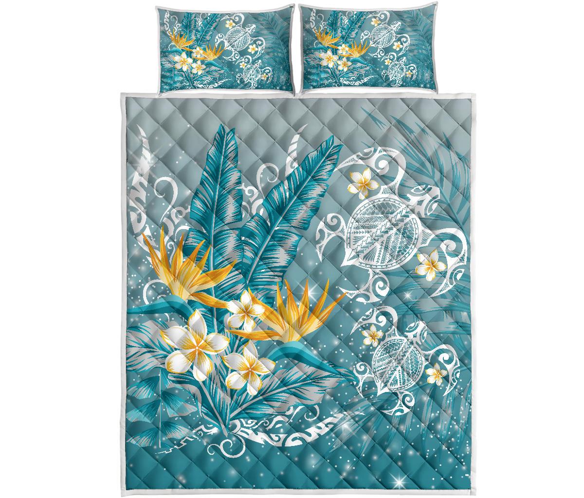 Hawaii Polynesian Turtles Plumeria Tropical Quilt Bed Set - Winter Style - AH Blue - Polynesian Pride