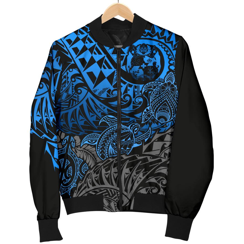 Tonga Polynesian Bomber Jacket (Men) - Blue Turtle Flowing - Polynesian Pride