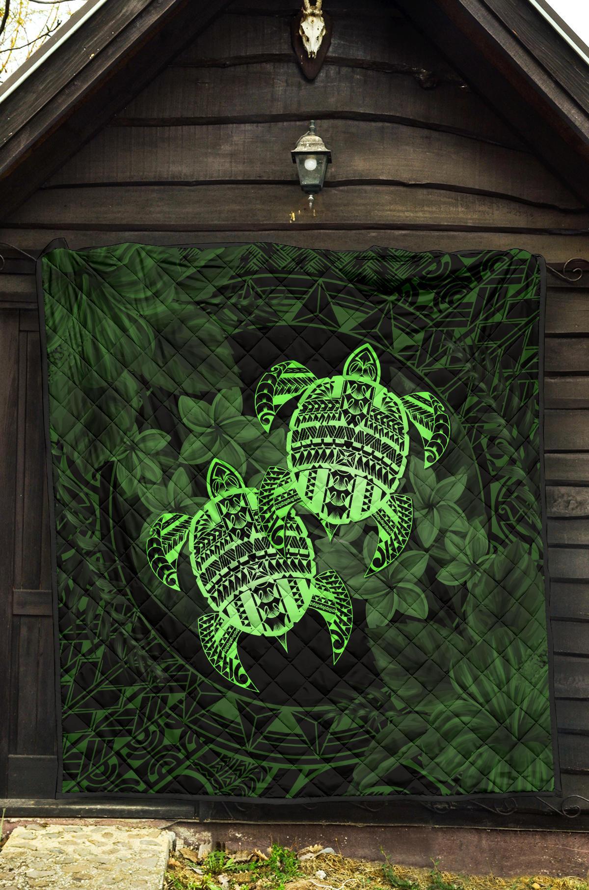 Hawaii Premium Quilt - Turtle Strong Pattern Hibiscus Plumeria Green AH - Polynesian Pride