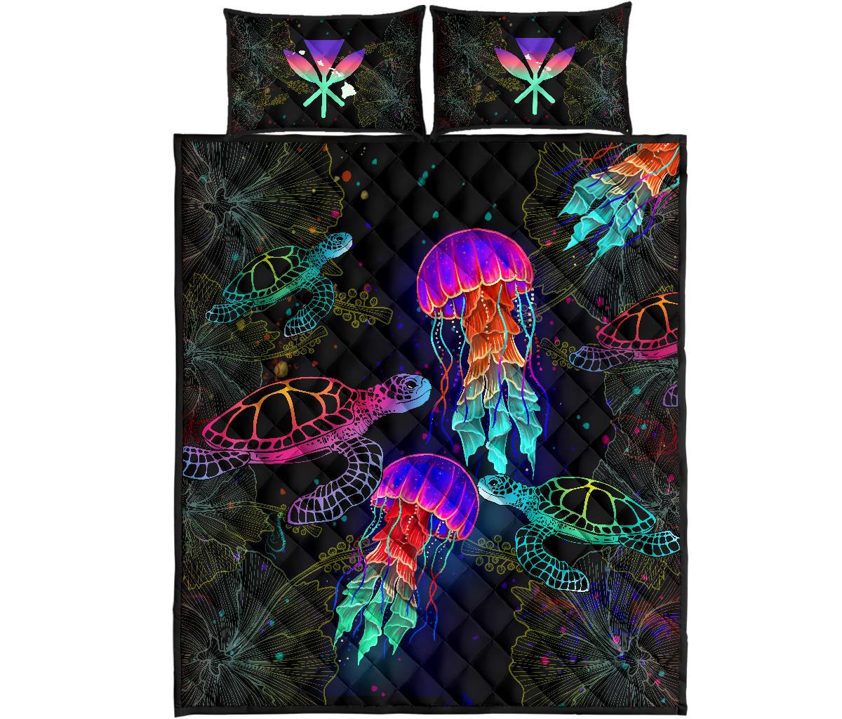 Kanaka Maoli (Hawaiian) Quilt Bed Set - Turtle And Jellyfish Colorful Coloful - Polynesian Pride