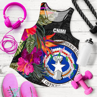 Northern Mariana Islands Women's Racerback Tank - Saipan Hibiscus Polynesian Pattern Black - Polynesian Pride