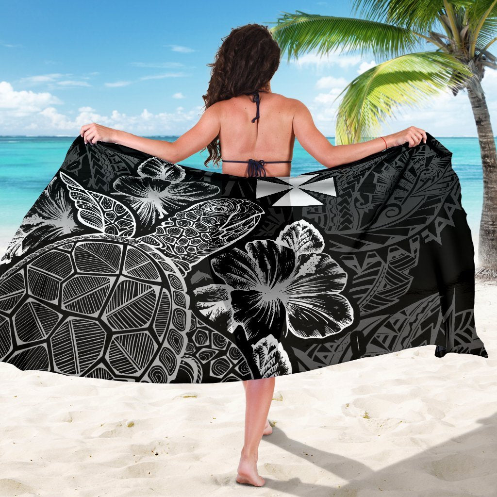 Wallis And Futuna Sarong - Turtle Hibiscus Pattern Black - Polynesian Pride