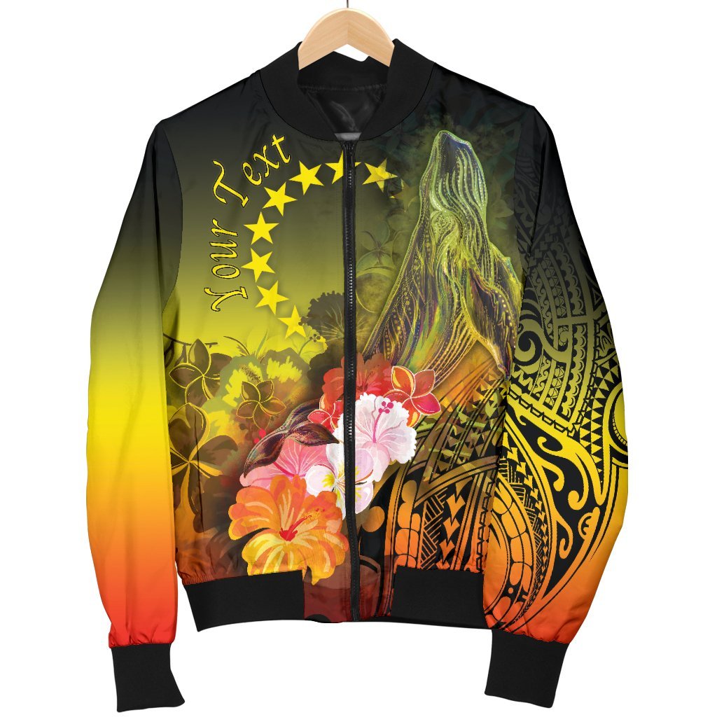 Cook Islands Custom Personalised Men's Bomber Jacket - Humpback Whale with Tropical Flowers (Yellow) - Polynesian Pride
