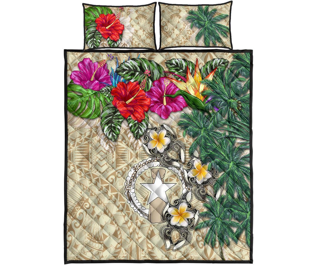 Nothern Mariana Islands Polynesian Quilt Bed Set - Hibiscus Turtle Tattoo Beige - Polynesian Pride