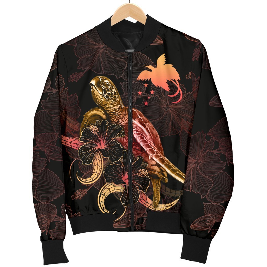 Papua New Guinea Polynesian Men's Bomber Jacket - Turtle With Blooming Hibiscus Gold - Polynesian Pride