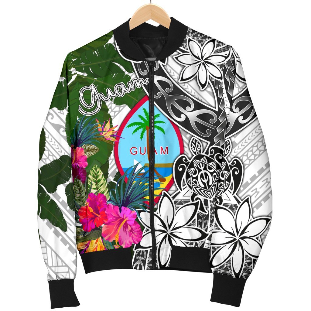 Guam Men's Bomber Jacket White - Turtle Plumeria Banana Leaf - Polynesian Pride