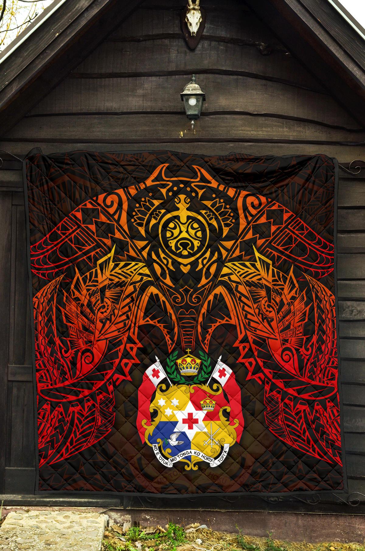 Tonga Polynesian Premium Quilt - Tonga Coat Of Arms & Red Manta Ray - Polynesian Pride