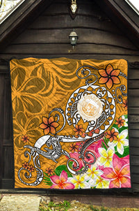 Hawaii Polynesian Premium Quilt - Hawaii Seal With Turtle Plumeria (Gold) - Polynesian Pride