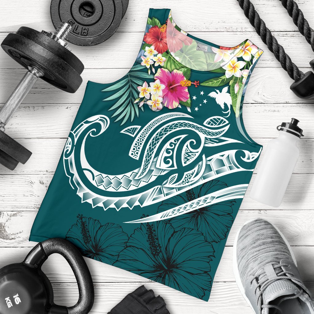 Papua New Guinea Polynesian Men's Tank Top - Summer Plumeria (Turquoise) Turquoise - Polynesian Pride