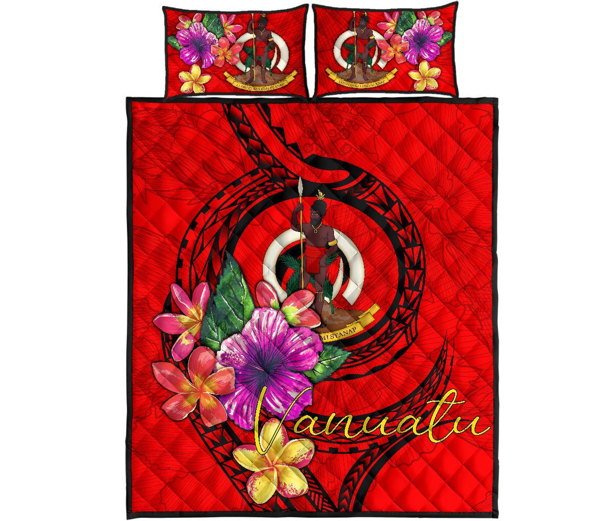 Vanuatu Polynesian Quilt Bed Set - Floral With Seal Red - Polynesian Pride