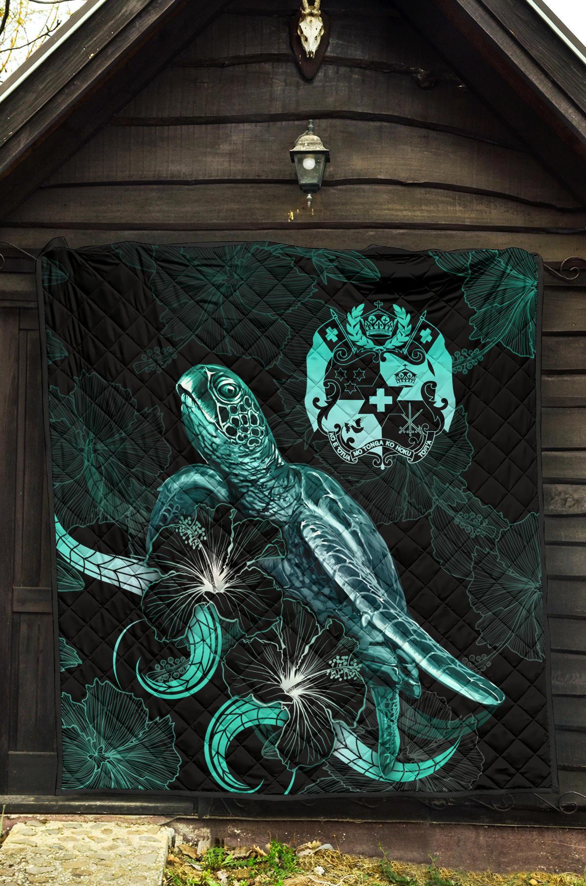 Tonga Polynesian Premium Quilt - Turtle With Blooming Hibiscus Turquoise - Polynesian Pride