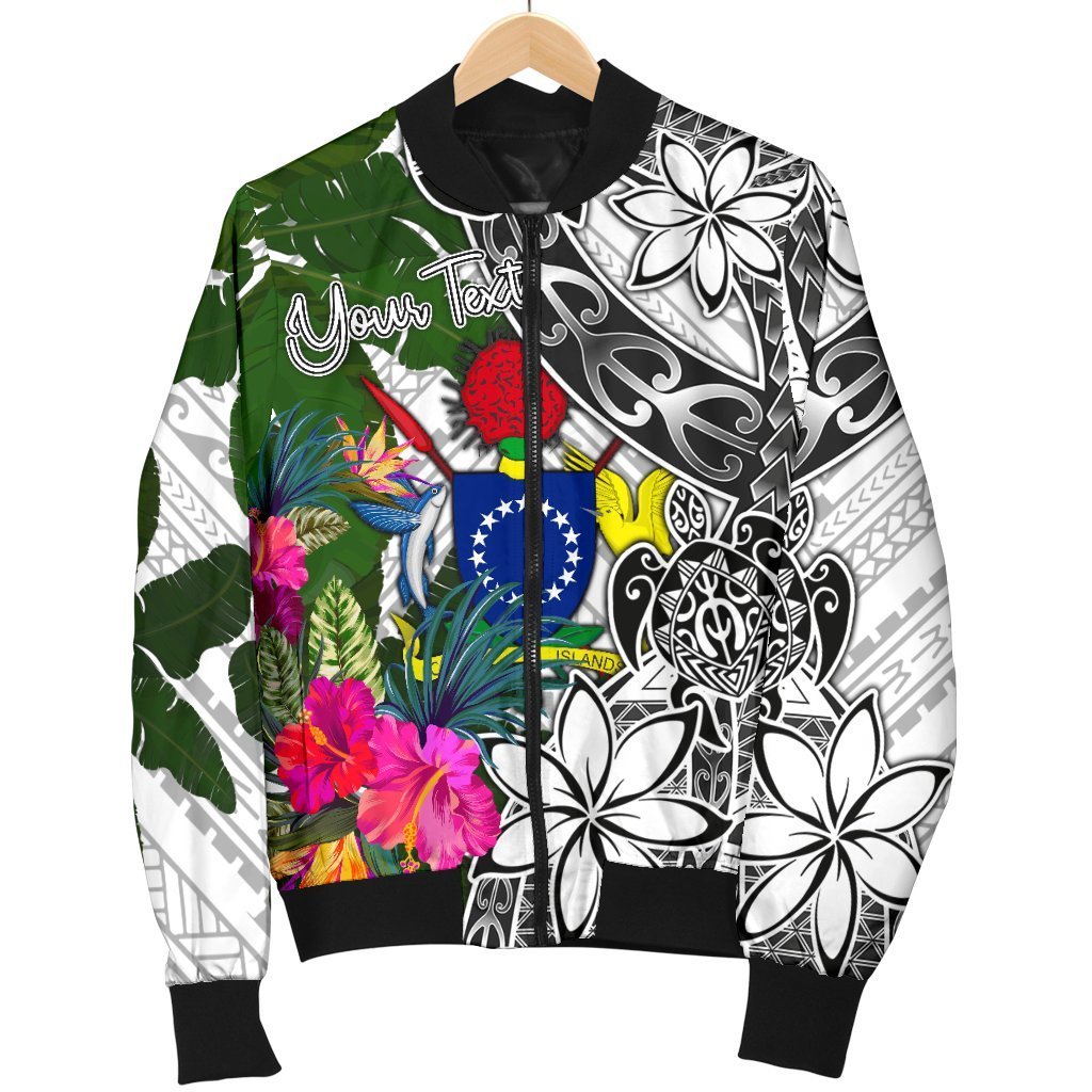 Cook Islands Custom Personalised Men's Bomber Jacket White - Turtle Plumeria Banana Leaf - Polynesian Pride