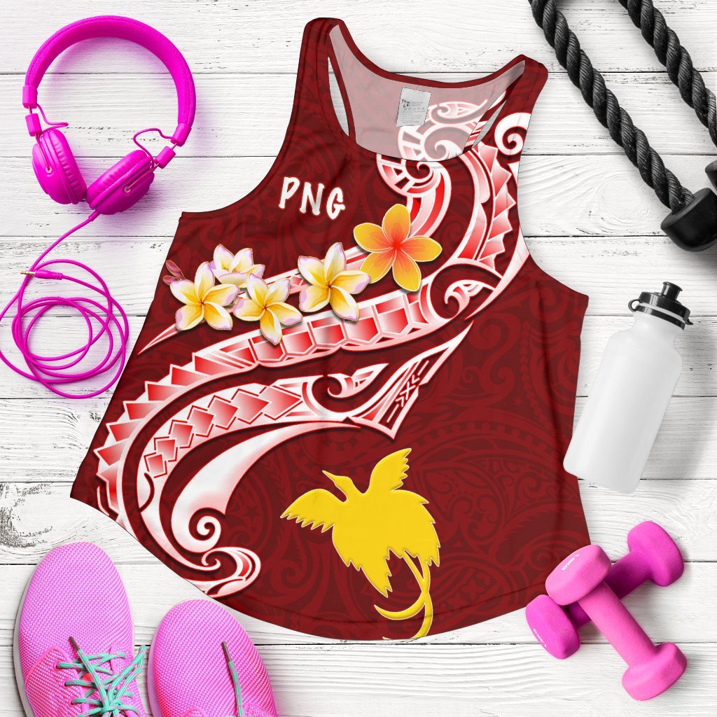Papua New Guinea Women's Racerback Tank - PNG Seal Polynesian Patterns Plumeria Red - Polynesian Pride